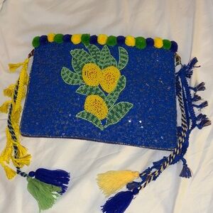 ANTICA SARTORIA..BY GIACOMO CINQUE
BLUE SEQUINS YELLOW GREEN BEADED CLUTCH ITALY